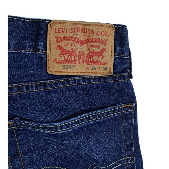Levis 504 Jeans Men's 36x36 Dark Blue Wash Distressed Denim Pants Straight - Picture 8 of 11